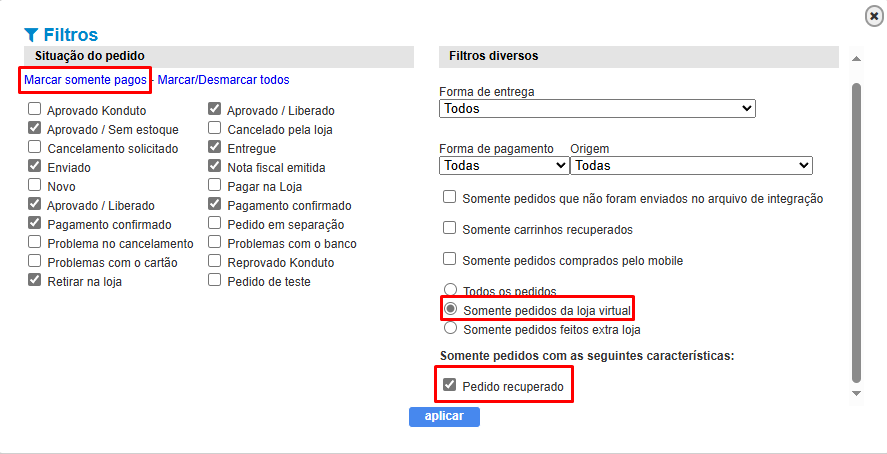 filtro para pedido recuperado
