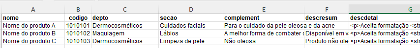 detalhe da planilha de importação de produtos em lote