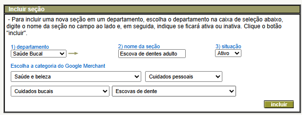 incluir seção na loja virtual