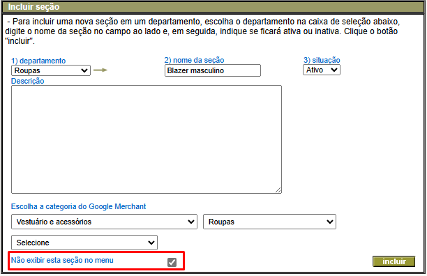não exibir seção no menu