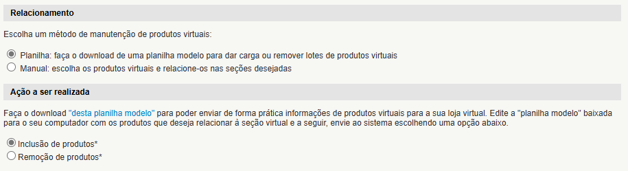 incluir produtos por planilha em uma seção virtual