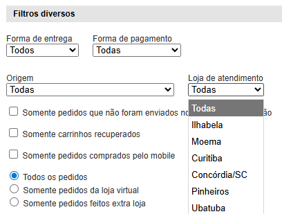 Filtro de loja de atendimento